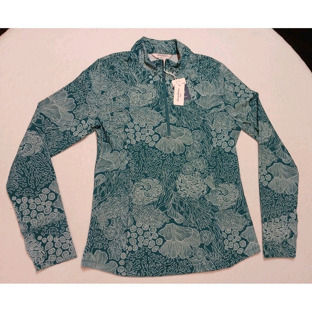 NWT Tommy Bahama Golf Women L Quarter Zip Popover Coral Reef Teal Green UPF 50